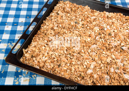 Müsli/Müsli machen: Zutaten aus Ofen auf einem blau-weißen Scheck background(12 0f 26) Stockfoto