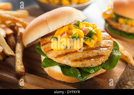 Mahi Fisch-Sandwich mit Salsa und Salat Stockfoto