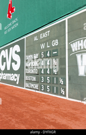 Die Anzeigetafel zeigt aktuelle Ränge der American League East auf dem Green Monster im Fenway Park in Boston, Massachusetts. Stockfoto