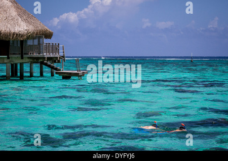 Frisch vermählte Paar Schnorcheln von strohgedeckten Dach Wasserbungalows im Urlaub in Französisch-Polynesien Stockfoto