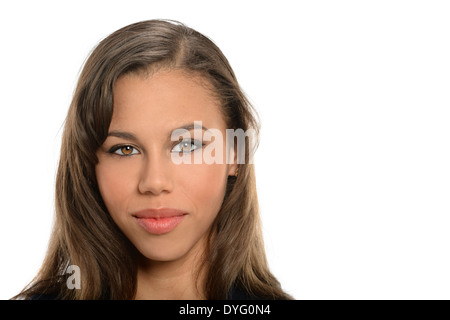 Porträt, wenn junge afrikanische amerikanische Geschäftsfrau über weißen Hintergrund isoliert Stockfoto