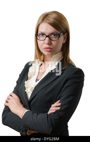 zuversichtlich Geschäftsfrau in strengen Anzug isoliert auf weiss Stockfoto