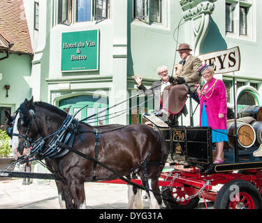 Brighton, UK. 16. April 2014. Brighton & Hove Food and Drink Festival Andrew Kay, Harveys Brauerei Adie Matthews und Bürgermeister von Brighton & Hove Cllr Denise Cobb Ankunft im Stil im Hotel du Vin auf die Harveys Dray von Monty und Winston für den Brighton & Hove Essen und trinken Frühlingsfest Start gezogen. Foto © Julia Claxton Credit: Julia Claxton/Alamy Live News Stockfoto