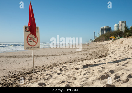 Kein Schwimmen anmelden Surfers Paradise Beach, nach einem großen Sturm im März 2014. Stockfoto