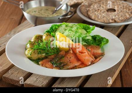 Graved Lachs-Salat mit Knäckebrot schwedische Küche Stockfoto