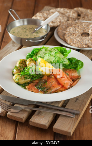 Graved Lachs-Salat mit Knäckebrot schwedische Küche Stockfoto