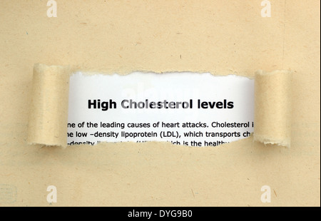 Hoher Cholesterinspiegel Text auf Papier Loch Stockfoto