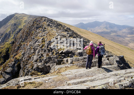 Zwei Wanderer auf Carnedd Moel Siabod Bergrücken mit Blick auf den Gipfel in Berge von Snowdonia-Nationalpark, Conwy, North Wales, UK Stockfoto