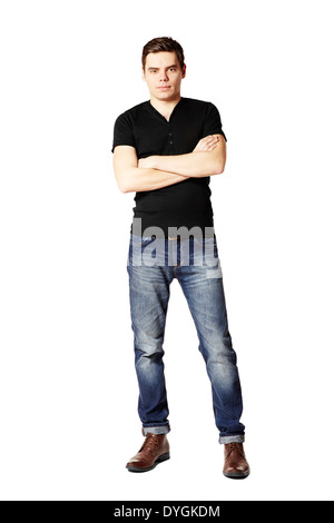 Studioaufnahme der junge Mann im schwarzen T-shirt und Blue Jeans. Stockfoto