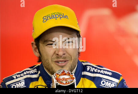 16. April 2014 - ft. Worth, Texas, USA - Apr.16, 2014. Ft. Worth, Tx. Marco Andretti Gimaces während einer Pressekonferenz im Rahmen der IndyCar Racing League testen Sitzung auf dem Texas Motor Speedway in ft. Worth, Tx. (Credit-Bild: © Ralph Lauer/ZUMAPRESS.com) Stockfoto