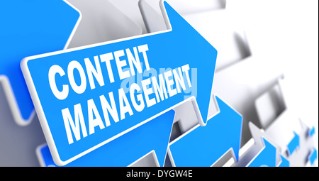 Content-Management-Konzept. Blaue Pfeile auf einem grauen Hintergrund zeigen die Richtung. Stockfoto
