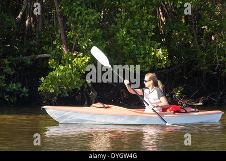 Junge Frau paddeln eine Kajak mit Mangroven Mangal Hintergrund, Florida Stockfoto