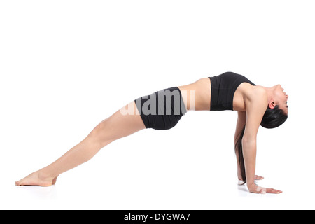 Fitness-Frau Dehnung mit einer Flexibilität Übung isoliert auf weißem Hintergrund Stockfoto