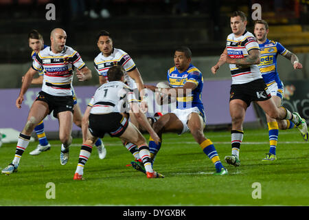 Bradford, UK. 17. April 2014. Kallum Watkins punktet in der Super League-Spiel zwischen Bradford Stiere und Leeds Rhinos aus Odsal Stadion. Bildnachweis: Aktion Plus Sport/Alamy Live-Nachrichten Stockfoto