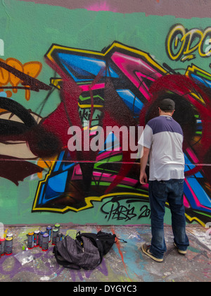 Paris, Frankreich, Junge Französisch Graffitti Künstler Gemälde Wal, Street Art l Stockfoto