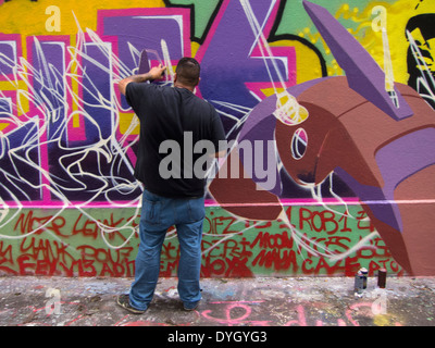 Paris, Frankreich, französischer Teenager, Mann, stehend hinter, arbeiten, Graffitti-Künstler, Spray Painting Wall on Street, lebendige moderne Kunst Stockfoto