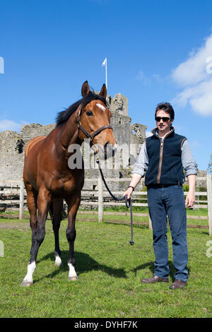 Middleham, Yorkshire, Großbritannien. Trainer Ben Haslam mit 'Operateur' am North Dales Ställe Open Day. Die Middleham Ställe Tag der offenen Tür ging voran trotz Rennen wird am Karfreitag zum ersten Mal zugelassen. Seine Zukunft gewesen bedroht mit racing Set Musselburgh und Lingfield bereitgestellt werden. Aber nach Betfair weiter als Sponsoren und Middleham Trainer Association "einstimmig" beschlossen, die zwei Jahrzehnte Tradition fortzuführen.  Ein Dutzend Ställe öffneten ihre Türen für die Veranstaltung. Bildnachweis: Cernan Elias/Alamy Live-Nachrichten Stockfoto