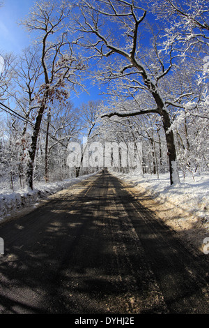 Jogger auf dem Schnee bedeckt Straße Setauket Long Island New York Stockfoto