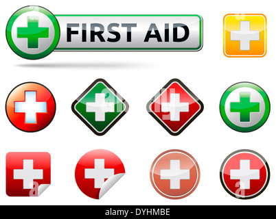 Erste-Hilfe-Symbol Zeichen setzen mit Banner und Text auf weißem Hintergrund. Stockfoto