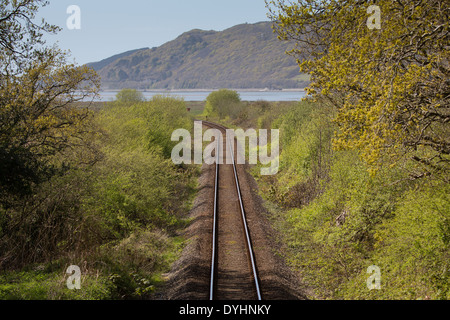 Die eingleisig-Eisenbahnstrecke zwischen Aberystwyth und Shrewsbury, wie es durch die RSPB Naturschutzgebiet am Ynys Hir geht Stockfoto