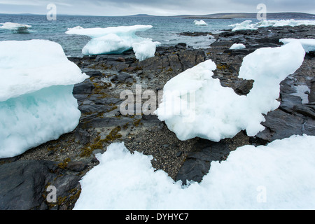 Kanada, Territorium Nunavut, schmelzenden Eisberg entlang der felsigen Küstenlinie auf Sun Island entlang gefrorene Meerenge auf stürmischen Nachmittag Stockfoto