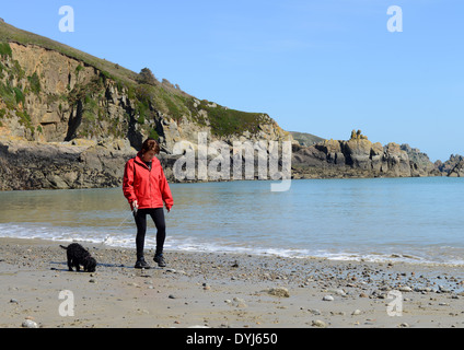 Frau im roten Mantel, einen Hund am Strand spazieren gehen Stockfoto