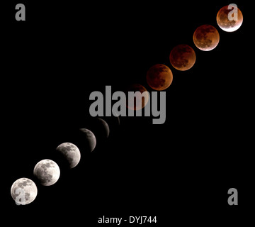 Multi-Frame zusammengesetztes Bild zeigt der Abfolge der die totale Mondfinsternis auch bekannt als ein Blutmond am Johnson Space Center 15. April 2014 in Houston, Texas. Stockfoto