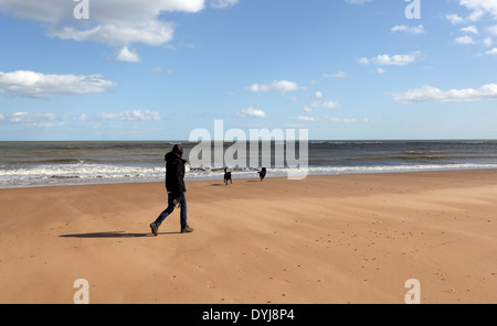 Dogwalker Wandern am herrlichen Sandstrand am Dorf von Newburgh, Aberdeenshire, Schottland, Großbritannien Stockfoto