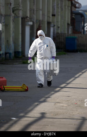 Springfield Road, Belfast, UK 19. April 2014 forensische Offiziere am Tatort des ermordeten republikanischen Tommy Crossan. Stockfoto