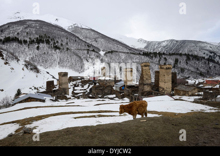 Alte Svanetian schützenden Türmen im Dorf Ushguli eine der höchsten kontinuierlich bewohnten Siedlungen in Europa an der Spitze des Enguri Schlucht in Svaneti, anerkannt als die obere Swanetien UNESCO Weltkulturerbe in der Republik Georgien Stockfoto