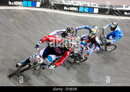Manchester, UK. 18. April 2014. Corben SHARRAH P 24 Elite Herren Qualifikation laufen 3 Heat 3 UCI BMX Supercross World Cup Manchester nationalen Radsport Zentrum England, UK-Credit: Simon Balson/Alamy Live-Nachrichten Stockfoto