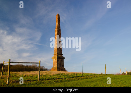 Wychbury Hill Obelisk, Worcestershire UK. Im morgendlichen Sonnenlicht mit einem Weitwinkel-Objektiv aufgenommen. Stockfoto