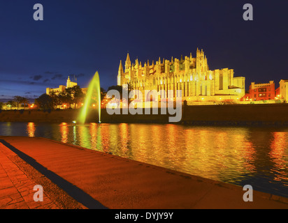 Nachtansicht der Kathedrale in Palma De Mallorca, Balearen, Spanien Stockfoto