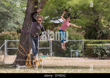 Patagonien, Arizona, USA. 19. April 2014. LAURA und CHIP FIEBERG üben Slacklinen Techniken in einem unbenannten Park in Patagonien, Arizona, auf Samstag, 19. April 2014. Slacklinen ist der Sport des Gehens eine kleine, flache Nylon-Seil zwischen zwei Punkten. Die Fiebergs besitzen die "Chip & Laura" Yoga-Studio in Patagonien, einer Stadt mit ca. 900 Einwohnern südlich von Tucson, in der Nähe der Stadt Mexiko Grenze in Nogales. Das Gebiet ist ein beliebtes Vogelbeobachtung. Tracy Barbutes/ZUMAPRESS.com/Alamy © Live-Nachrichten Stockfoto