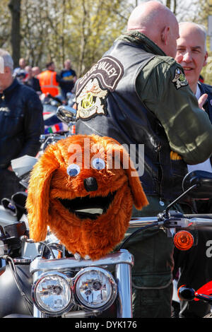 Glasgow, Vereinigtes Königreich. 20. April 2014. Seit 35 Jahren ist ein Charity-Volkslauf nahe Glasgow City Centre, beginnend und endend am Yorkhill Hospital for Sick Children gehalten worden. Motorradfahrer, viele in ausgefallenen Kostümen gekleidet, und darauf aus ganz Schottland reisen, unterstützen die Charity und Tausende von Pfund pro Jahr für das Krankenhaus zu erhöhen. In diesem Jahr ist vielleicht wegen des sonnigen Wetters Ostern, es geschätzt, dass etwa 2000 Motorräder teilgenommen. Bildnachweis: Findlay/Alamy Live-Nachrichten Stockfoto