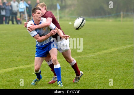 Berwick, UK. 20. April 2014. Berwick RFC, Scremerston Könige 7 s 2014, Rnd 4, Berwick RFC Sevens Beschriftung: Jed Lewis Young den Ball trotz der Bewältigung von Gala. Gala-Sieg 36-14. Bildnachweis: Rob Gray/Alamy Live-Nachrichten Stockfoto