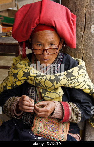 Red Dao Frau sticken, Ta Phin Dorf Sapa (Sa Pa), Nord-Vietnam Stockfoto