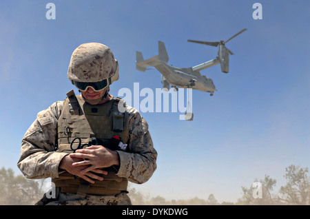 Ein US Navy Corpsman schützt sein Gesicht vor Staub als ein MV-22 Osprey Tiltirotor Flugzeuge während der Waffen und Taktiken Instructor Kurs bei Landing Zone Bull 5. April 2014 in Twentynine Palms, Kalifornien abhebt. Stockfoto