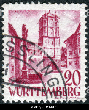 Gedruckt in Deutschland (Württemberg-Hohenzollern, französische Besatzungszone), Briefmarke zeigt Stadt Tor Wangen (Allgäu) Stockfoto