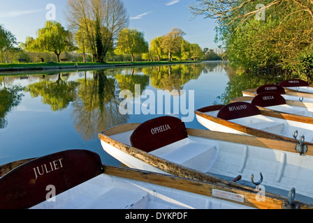 Weißer Tag mieten Ruderboote vertäut am Flussufer am Fluss Avon im Zentrum von Stratford-upon-Avon, Warwickshire. Stockfoto