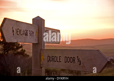 Holz-Wegweiser weisen den Weg für Wanderer in Richtung Durdle Door, ein Wahrzeichen an der Küste von Dorset. Stockfoto