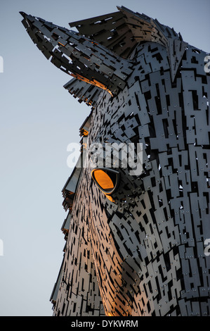 Die Kelpies, ein 300 Tonnen, 30 Meter hohen Roß Kopf Skulptur des Künstlers Andy Scott. Die Helix Park, Falkirk, Schottland, UK Stockfoto