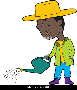 Cartoon von süße Landwirt und Gießkanne mit Wassertropfen Stockfoto