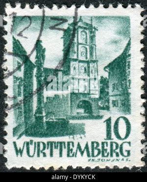 Gedruckt in Deutschland (Württemberg-Hohenzollern, französische Besatzungszone), Briefmarke zeigt Stadt Tor Wangen (Allgäu) Stockfoto