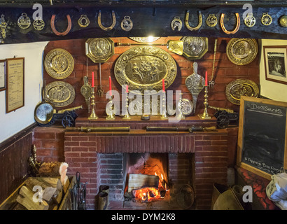 Offenes Feuer im Red Lion Pub, Dinas Mawddwy, Machynlleth, Powys, Wales, UK Stockfoto