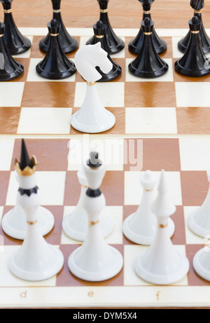 weißer Ritter vor schwarz Schach Stockfoto