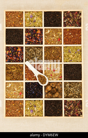 Verschiedene Tee Sorten in Holzkiste. Trockenen Tee-Blatt-Sammlung. Ansicht von oben. Stockfoto