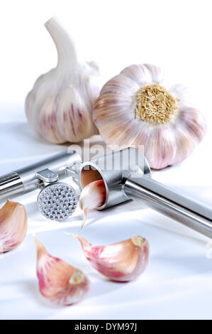 Knoblauch mit einer Knoblauchpresse Stockfoto