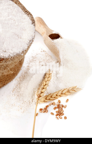 Mehl im Leinensack auf Holzlöffel und auf weißem Hintergrund, Rey und Getreide. Landwirtschaft, Ernte und Backen Konzept. Stockfoto