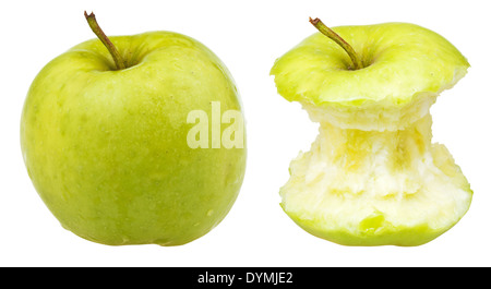 Apfel-Kern und ganze Granny Smith Apfel isoliert auf weißem Hintergrund Stockfoto